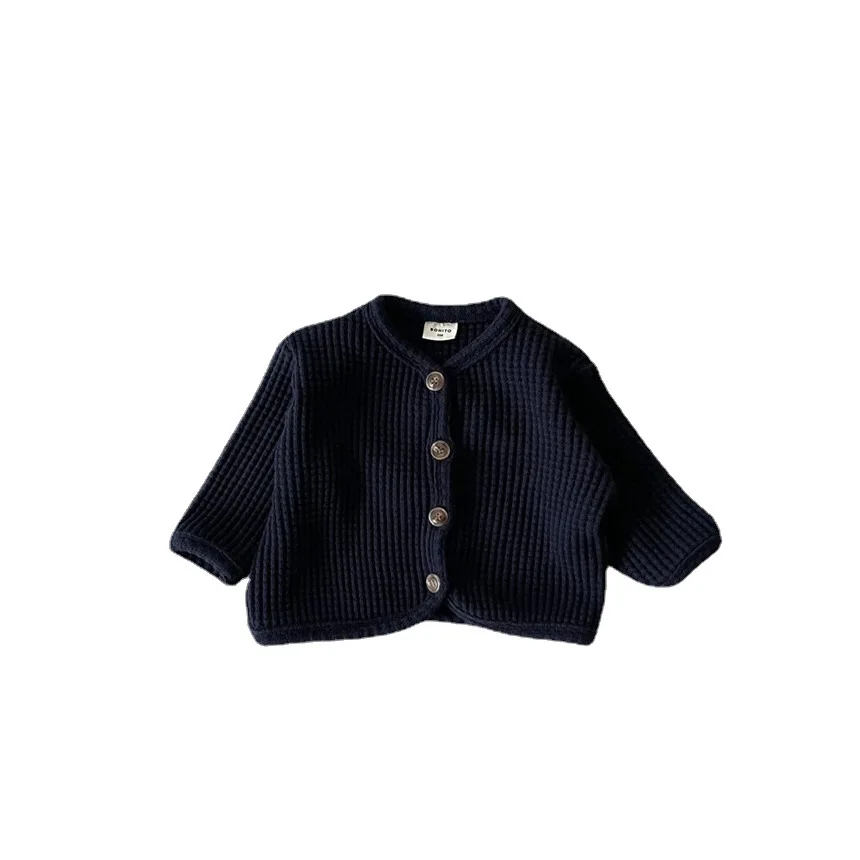 Korean Style Baby Cardigan Spring Autumn Solid Color Children's Thin Coat Waffle Base Shirt Tops Casual Jacket for Boys Girls