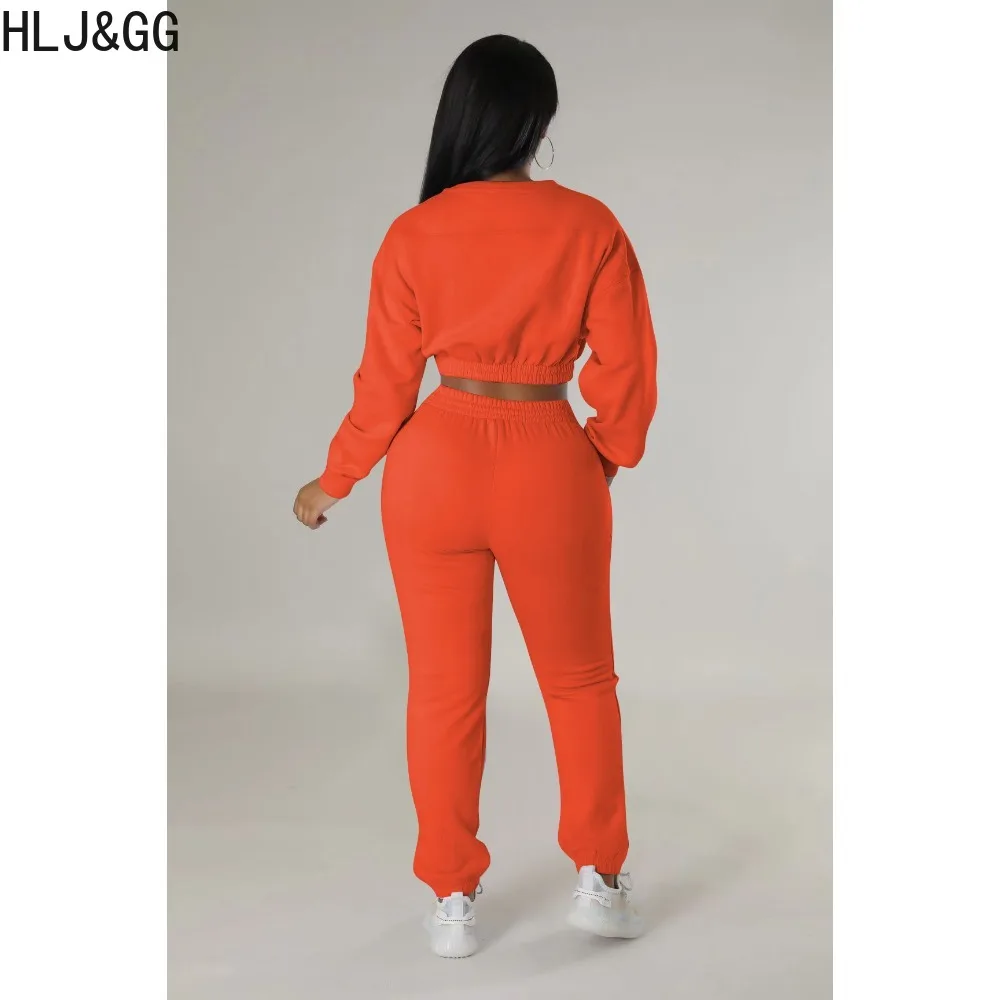 HLJ&GG Fall Winter Solid Color Jogger Pants Sets Women Round Neck Long Sleeve Crop Top+Pants Two Piece Tracksuits Female Outfits