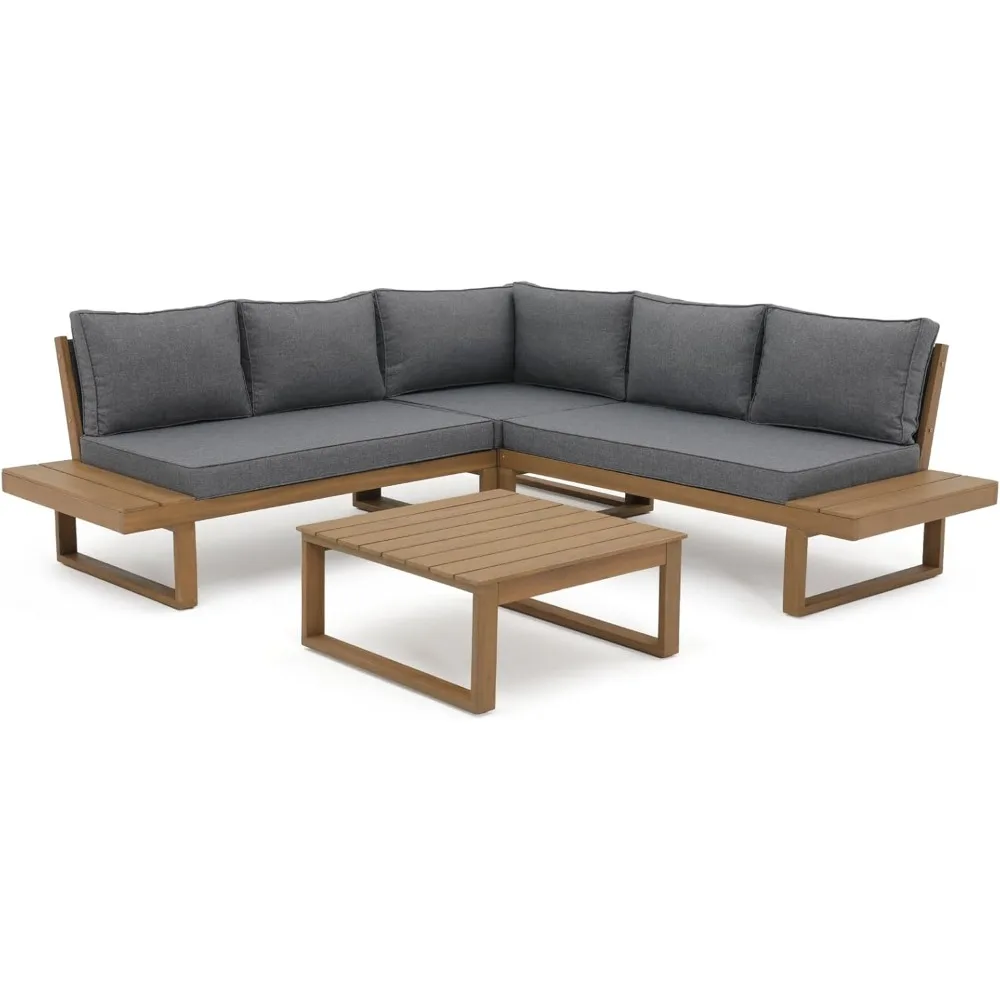 Acacia Wood Patio Furniture L-Shaped Outdoor Sectional Sofa Set with Coffee Table, Conversation Set with Built-in Side Table 2