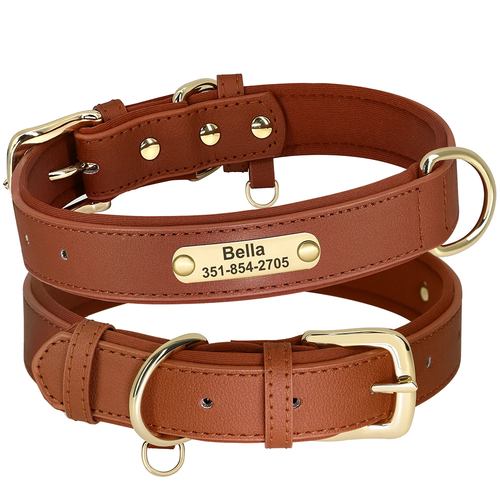 Dog Collar Personalized PU Leather Soft Padded Free Engraved Pet ID Necklace For Small Medium Dogs
