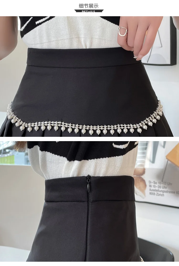 Beaded Pleated Skirts Women Mini Skirt Black White High Waist Slim A-Line Skirt Shorts Casual Zipper Spring Steetwear Korea N120 black maxi skirt