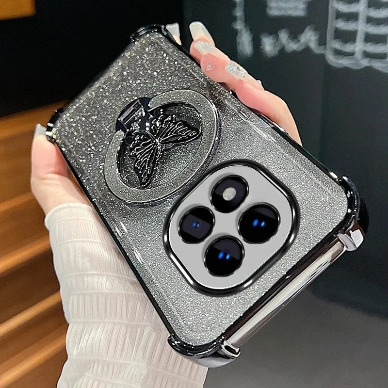Glitter Luxury Butterfly Bracket Plating Frame Soft Case - Anti-Drop Protective Cover