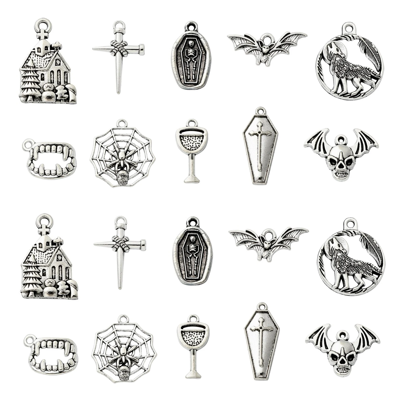 

Pandahall 100Pcs 10 Styles Tibetan Style Vampire Charms Antique Silver Halloween Coffin Bat Spider Charms for DIY Jewelry Making