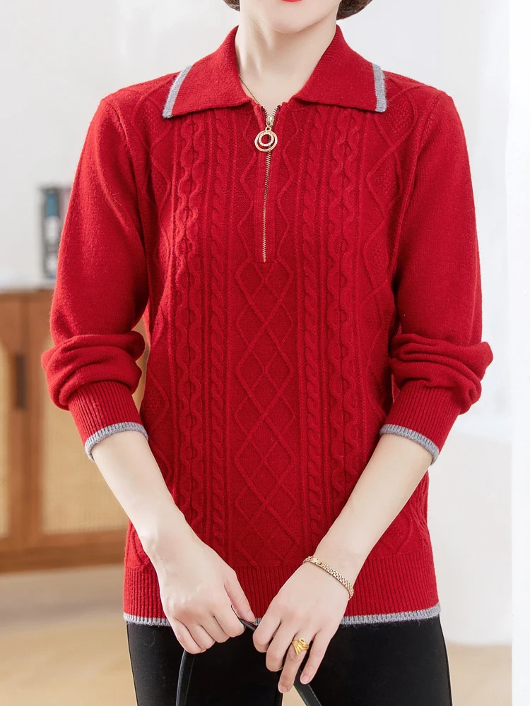 

High Quality Sweater Women Autumn Winter Korean Fashion Pullover Femme Women Clothing Causal Zipper Lapel Solid Sweaters