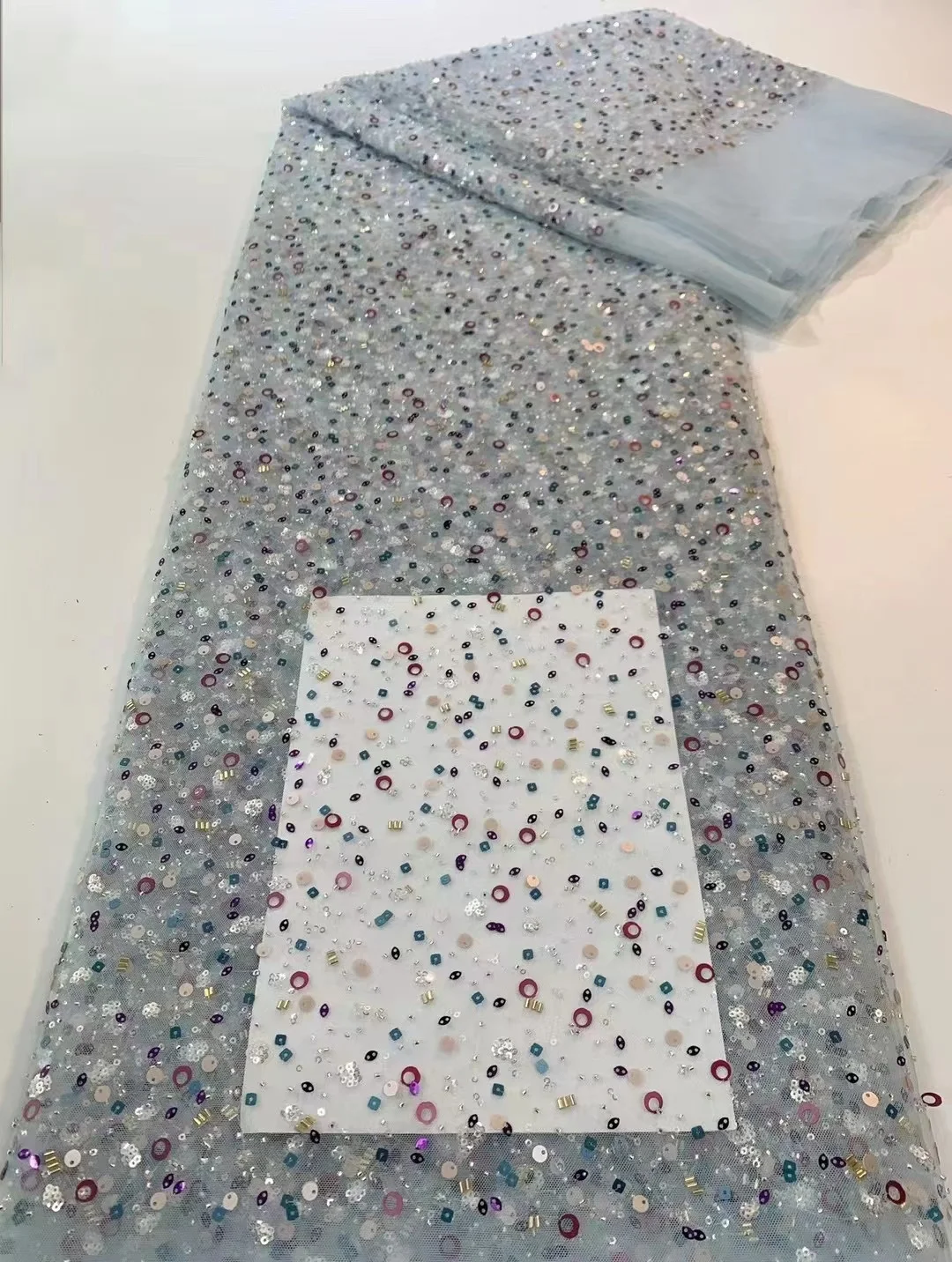 

Luxury Hand Beaded Lace Fabric Bridal Luxury Quality Wedding Fabrics French Nigerian Sequins Beads Embroidered on Tulle 5yrds