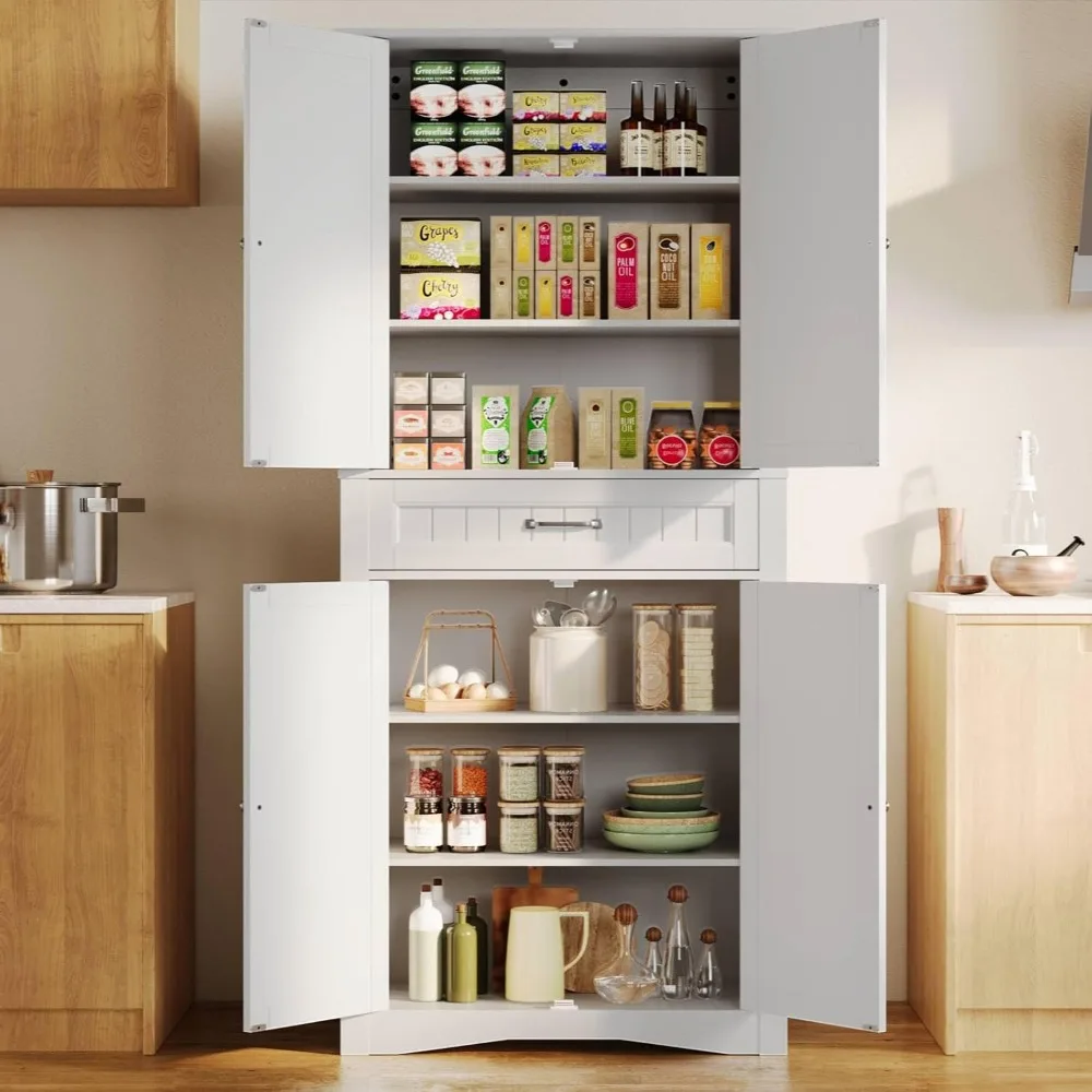 71'' Kitchen Pantry Storage Cabinet, Freestanding Cupboard with 4 Barn Doors and 4 Adjustable Shelves, Kitchen Cabinets