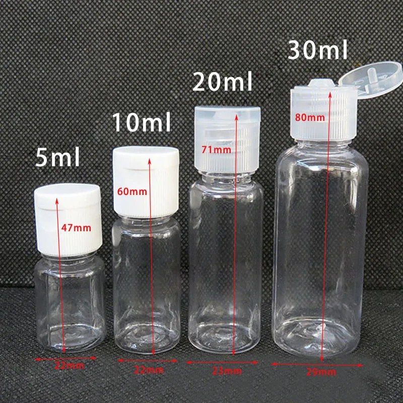 10pcs 5ml 10ml 20ml 30ml Plastic PET Clear Flip Lid Lotion Bottles Cosmetic Sample Container Travel Liquid Screw cap Fill Vials