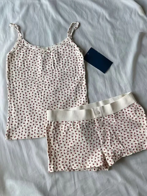 Strawberry Vest Shorts 2 Pieces Set Woman Eyelet Bow Slim Tank Top with Elastic Waist Patchwork Straight Short Pant Sweet Sets