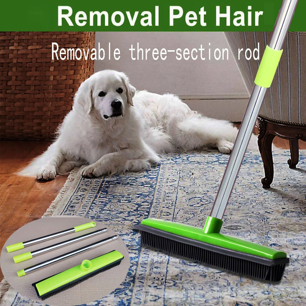 Pet Hair Rubber Broom Floor Brush for Carpet Dog Hair Remover with Built in Squeegee Silicone Broom Hair Remover Cleaning