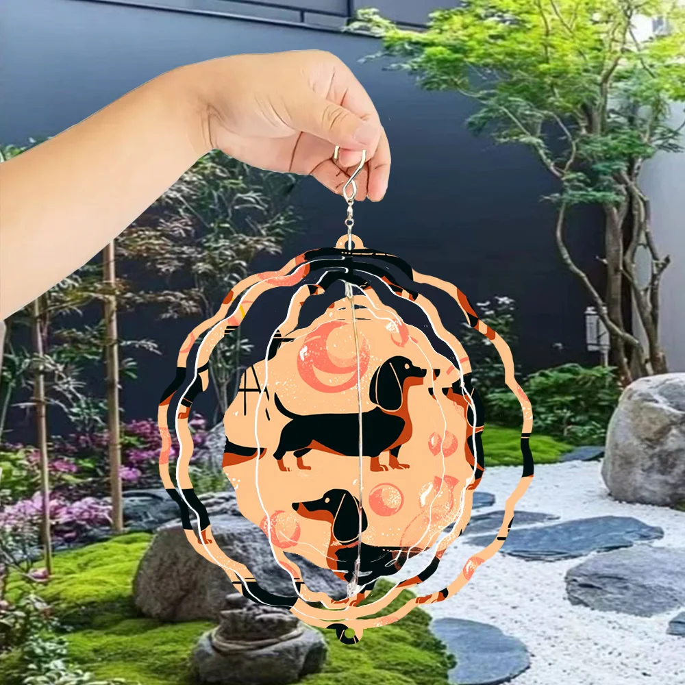 An aluminum 3D kinetic Dachshund dog wind spinner with a 360-degree swivel hook for outdoor garden decor.