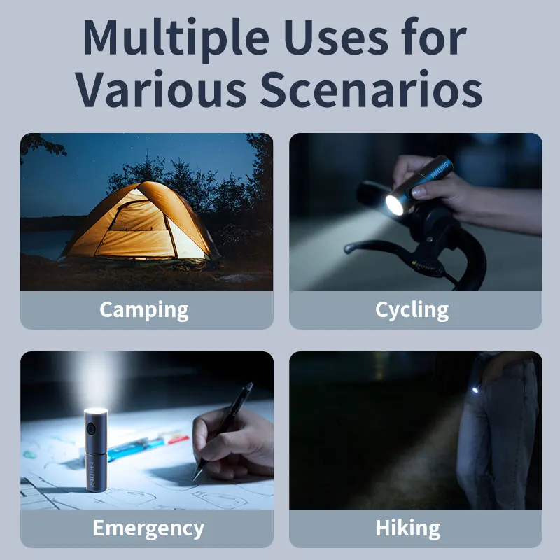 Philips EDC Flashlight with Emergency Light LED Rechargeable Mini EDC Keychain Flashlights Camping Lamp for Hiking Self Defense