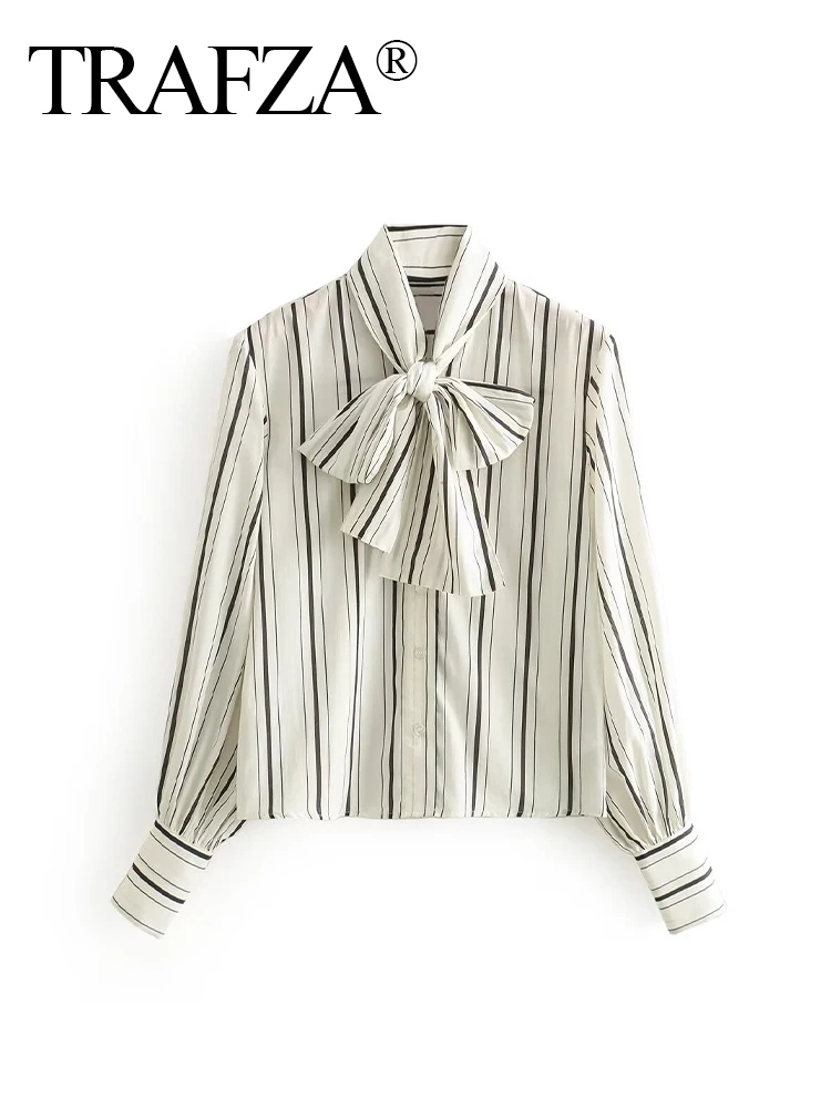 TRAFZA Spring Blouse Woman 2024 Trendy Stripe Stand Collar Long Sleeve Bow Decoration Single Breasted Female Casual Loose Shirts