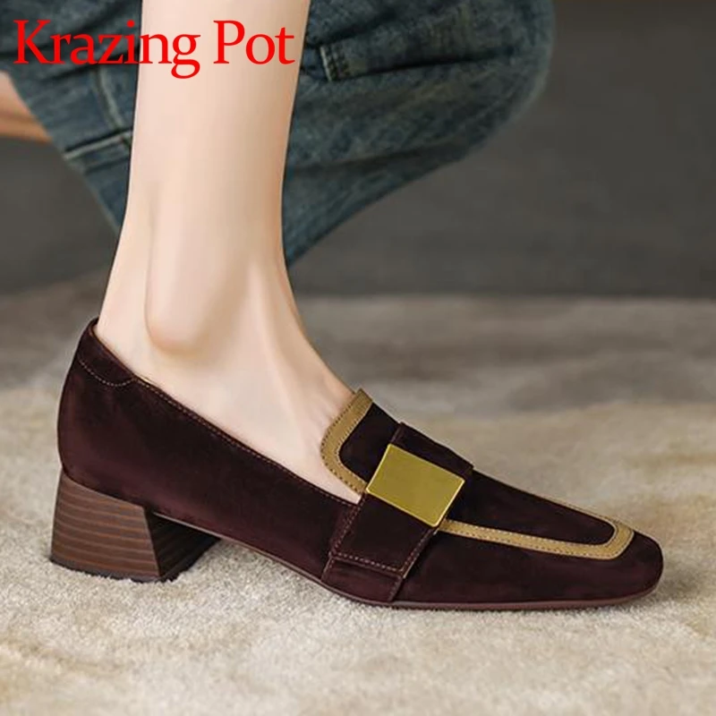 

Krazing Pot Sheep Suede Square Toe Med Heels Spring Shoes Mixed Colors Metal Decorations Grace Simple Style Slip on Women Pumps