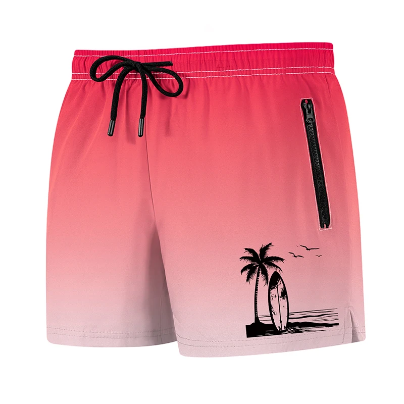 Tropical Surfboard Print Men's Beach Shorts with Mesh Liner and Zipper Pockets