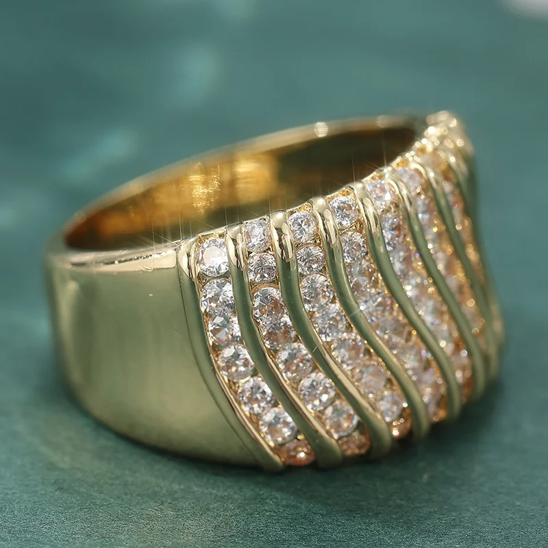 Golden Wide Band Chunky Statement Ring with Synthetic Cubic Zirconia