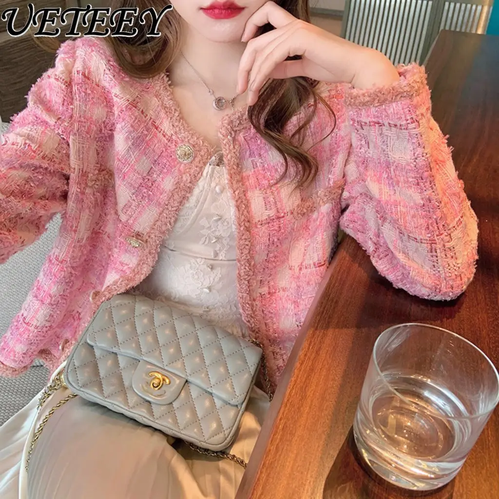 

Hot Sale Heavy Industry Pink Woven Tweed Coat Female Temperament Crew Neck Long Sleeve Buttons Woolen Jacket New Autumn Clothes