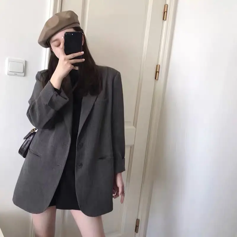 

Fashion Retro Hong Kong Style Women's Suit Jacet 2024 New Spring and Autumn Professional Mid-length Loose Suit Top Casual Blazer