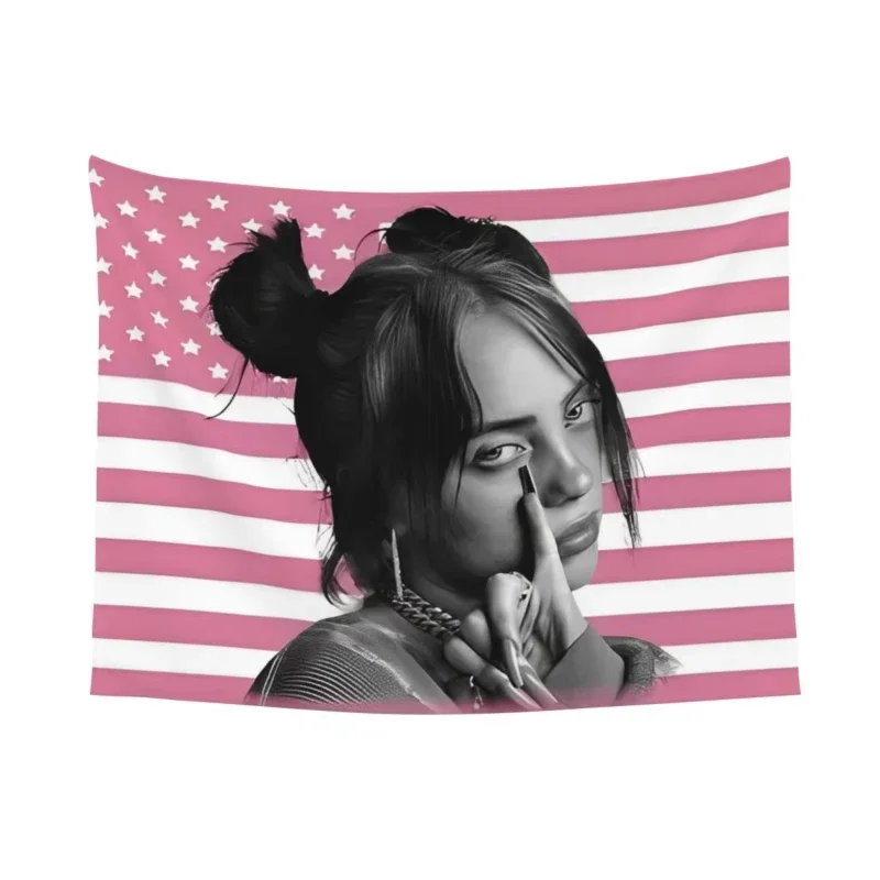 VIKAMA Billie Eilish Wandteppich im Hip-Hop-Stil, amerikanische Flagge, Wandbehang, für Fans, Schlafzimmer, Wohnzimmer, Heimdekoration – Detail 2
