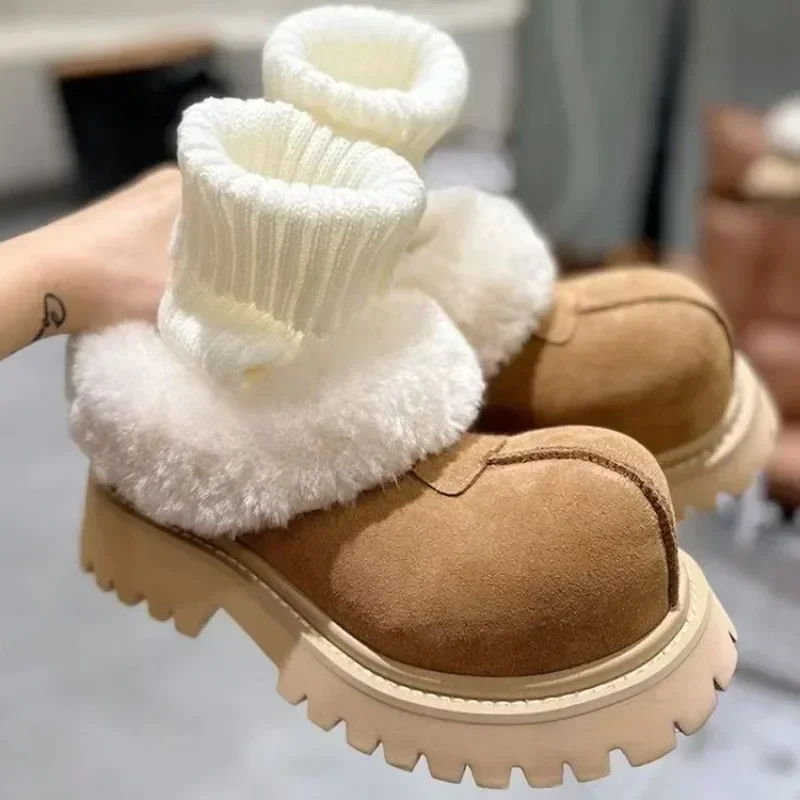 

Женские ботильоны без шнуровки, теплые зимние ботинки на платформе и толстом каблуке, нескользящая обувь с большим носком, 2023