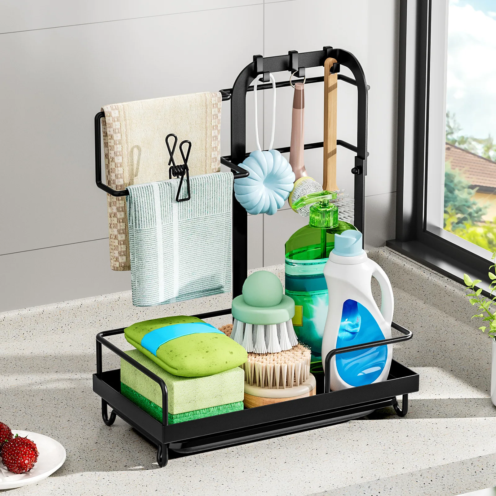 Kitchen Sink Storage Rack Faucet Sponge Holder Bathroom Drain Rack With Hooks Soap And Cleaning Supplies Organizer