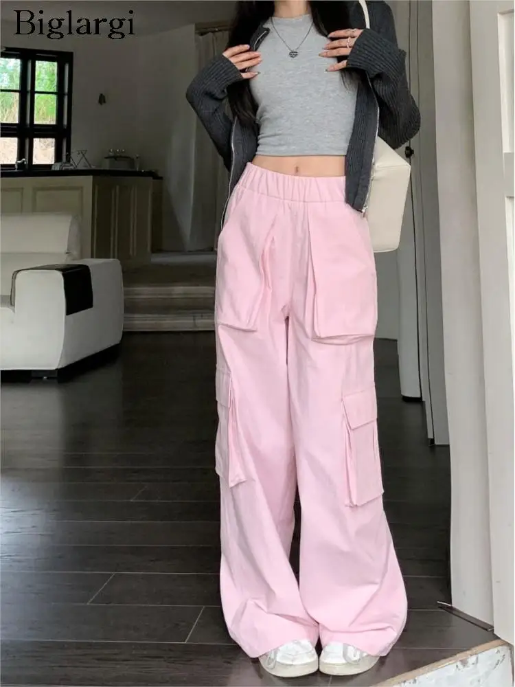 

Autumn Winter Pink Long Cargo Pants Women Wide Leg Loose Pleated Ladies Trousers Elastic Waist Fashion Casual Woman Pants 2023