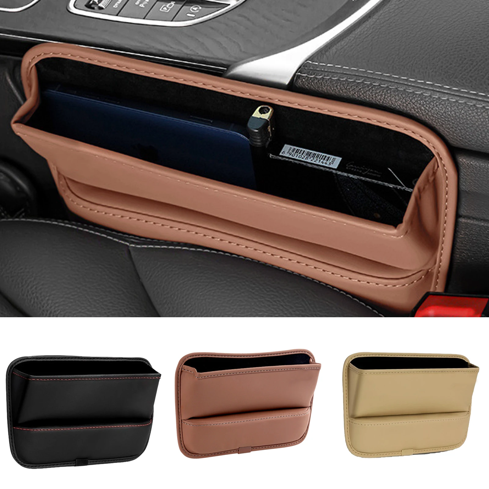 

PU Leather Car Console Side Seat Gap Filler Front Seat Organizer for Cellphone Keys Small Items Automotive Interior Car Gadget