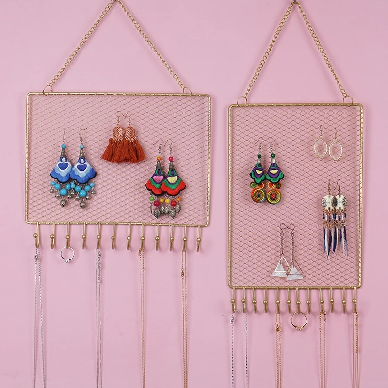 Jewelry Organizer Wall Rack, Grid Style Hanging Display Shelf, Earring and Necklace Holder, Stylish Accessories Storage