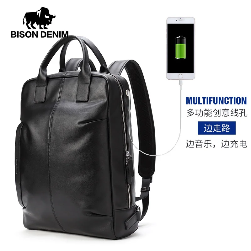 BISON DENIM New Genuine Leather Men Backpack Laptop School Backpack Bag 2024 Fashion Waterproof Travel Bag Casual Book Bag 3