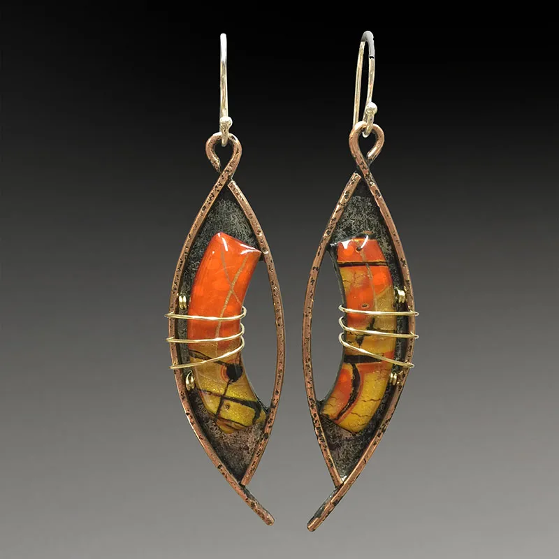Yellow Orange Stone Vintage Red Bronze Hollow Metal Bending Golden Lines Dangle Earrings For Women