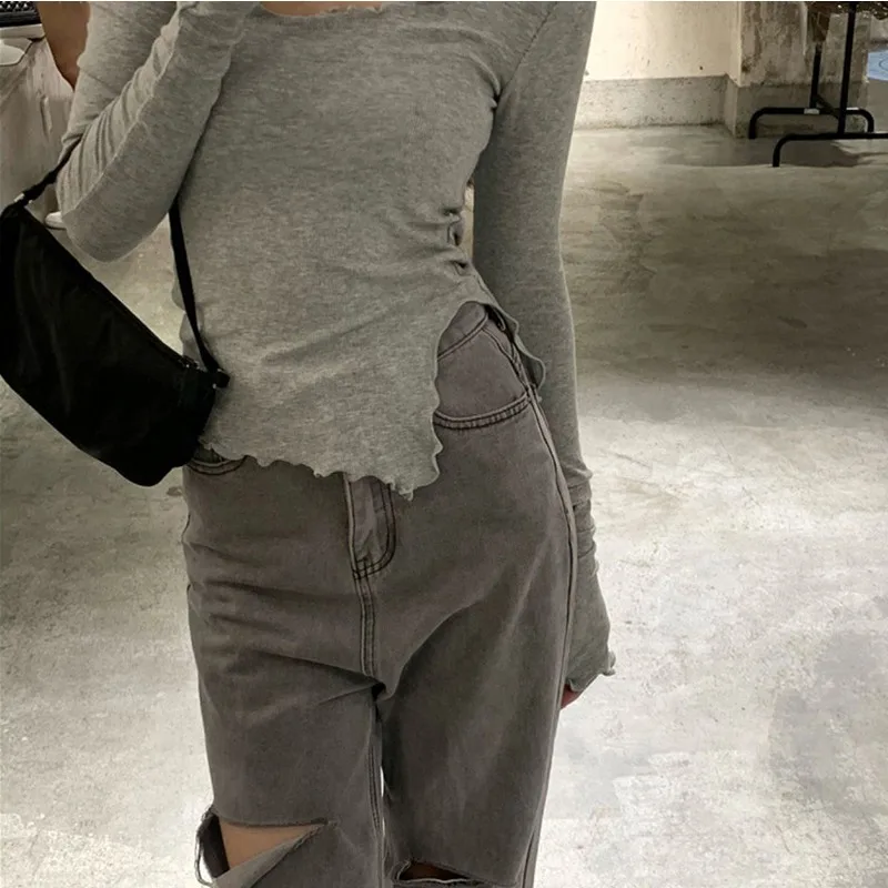 Women's Slim Fit Long Sleeve Bottoming Tees Round Collar Tops Grey Spring Autumn2025 New Fashion 908