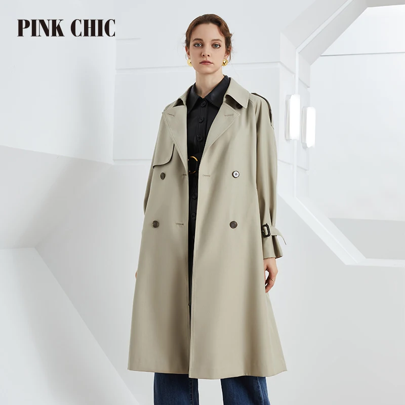 PINK CHIC New Spring Autumn Windbreaker Longer Lapel Collar Women Double Breasted Waist Belt Grace Commuting British Trench 802