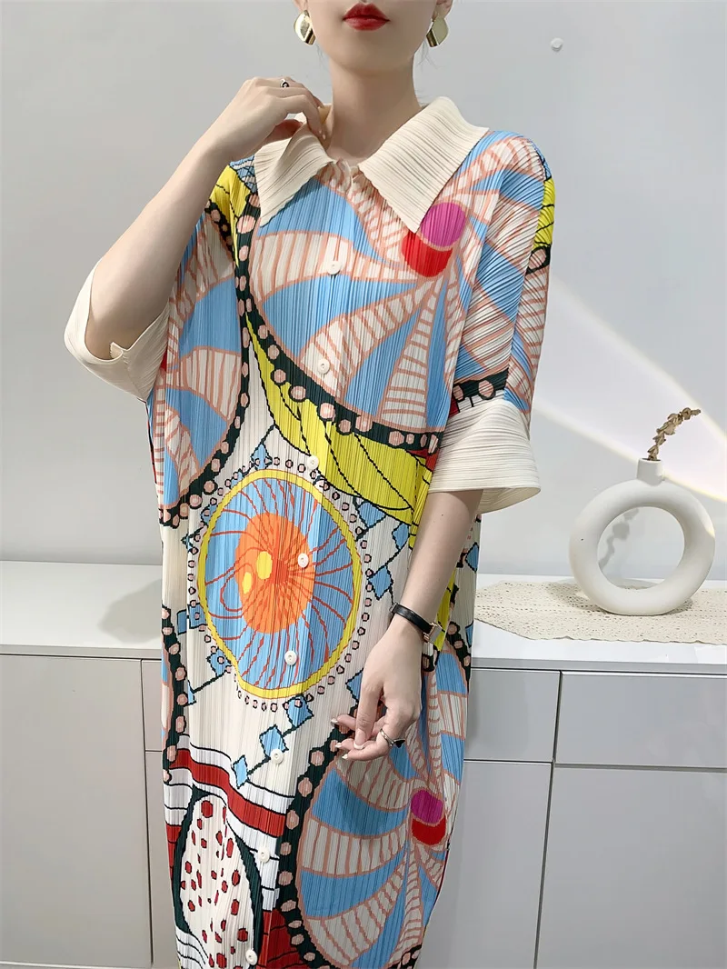 Miyake Pleated Women's Dresses Mid-length Printed Dresses Loose Plus Size Bat Sleeve Fashion Casual Skirts 2024 Early Spring New
