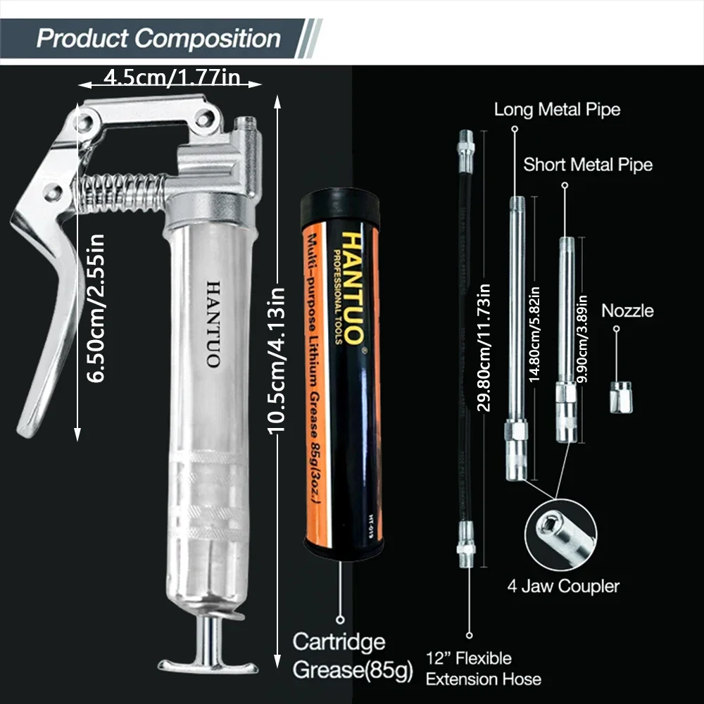 Grease Gun 3000 PSI Pistol Grip 3 oz Load 18Inch Spring Flex Hose 2Grease Couplers 2Extension Rigid Pipes and 1Sharp Type Nozzle