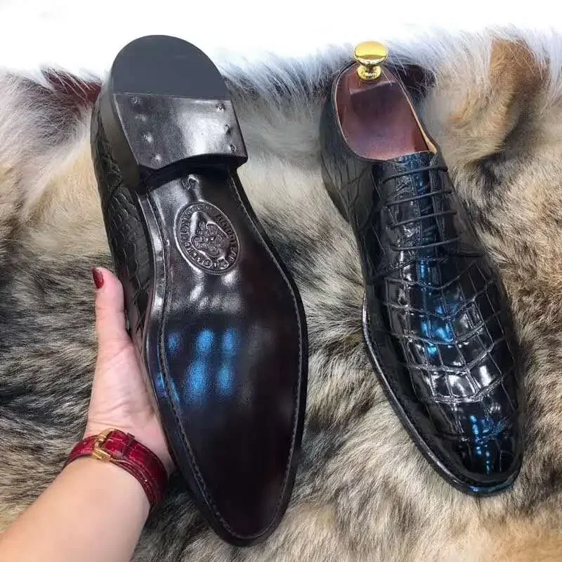 chue new men dress formal shoes crocodile leather crocodile men male lace-up real leather sole