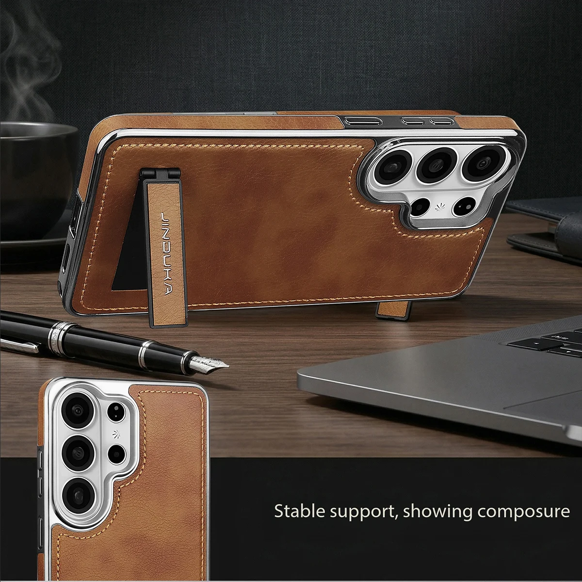 Vintage PU Leather Phone Case with Built-in Stand and Shockproof Back Cover