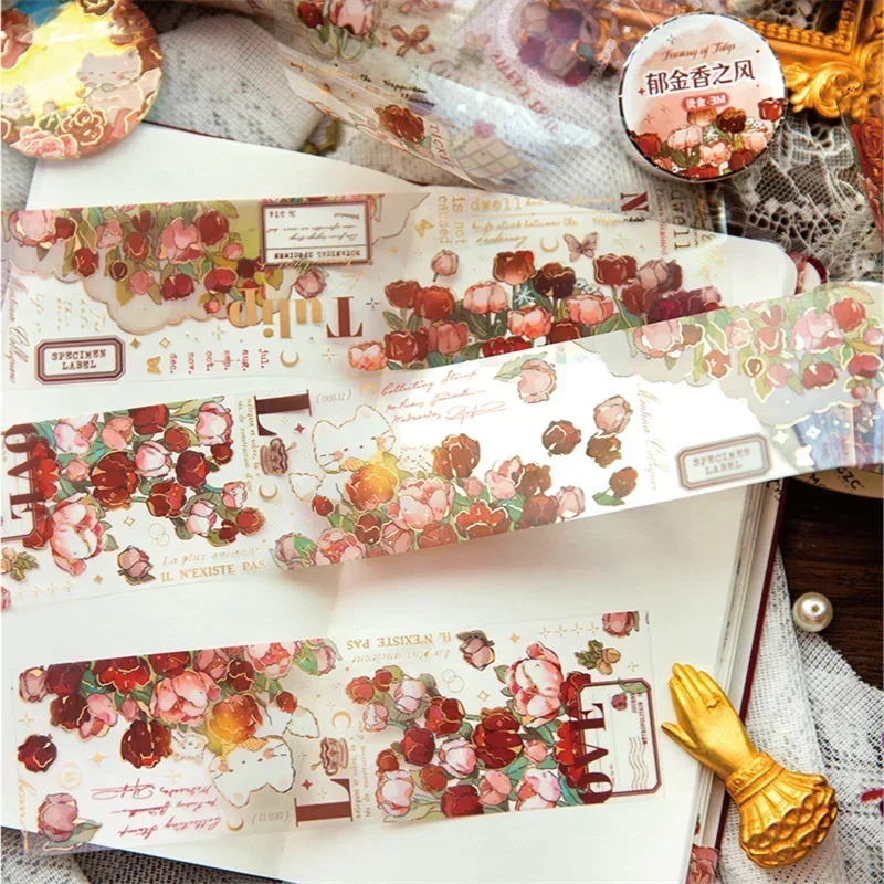 1Roll Tape Vintage Rose Decoration Adhesives Round Roll PET Handbook Material Scrapbook Cut Supplies 45MM*30CM 3