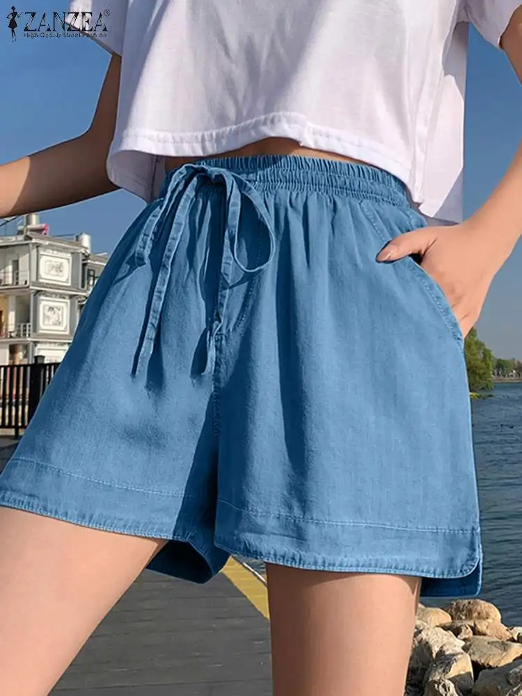 

ZANZEA Women Summer Jeans Denim Blue Shorts Elastic Waist Vintage Dark Blue Pants Denim Trousers Elegant Work Palazzo Oversize
