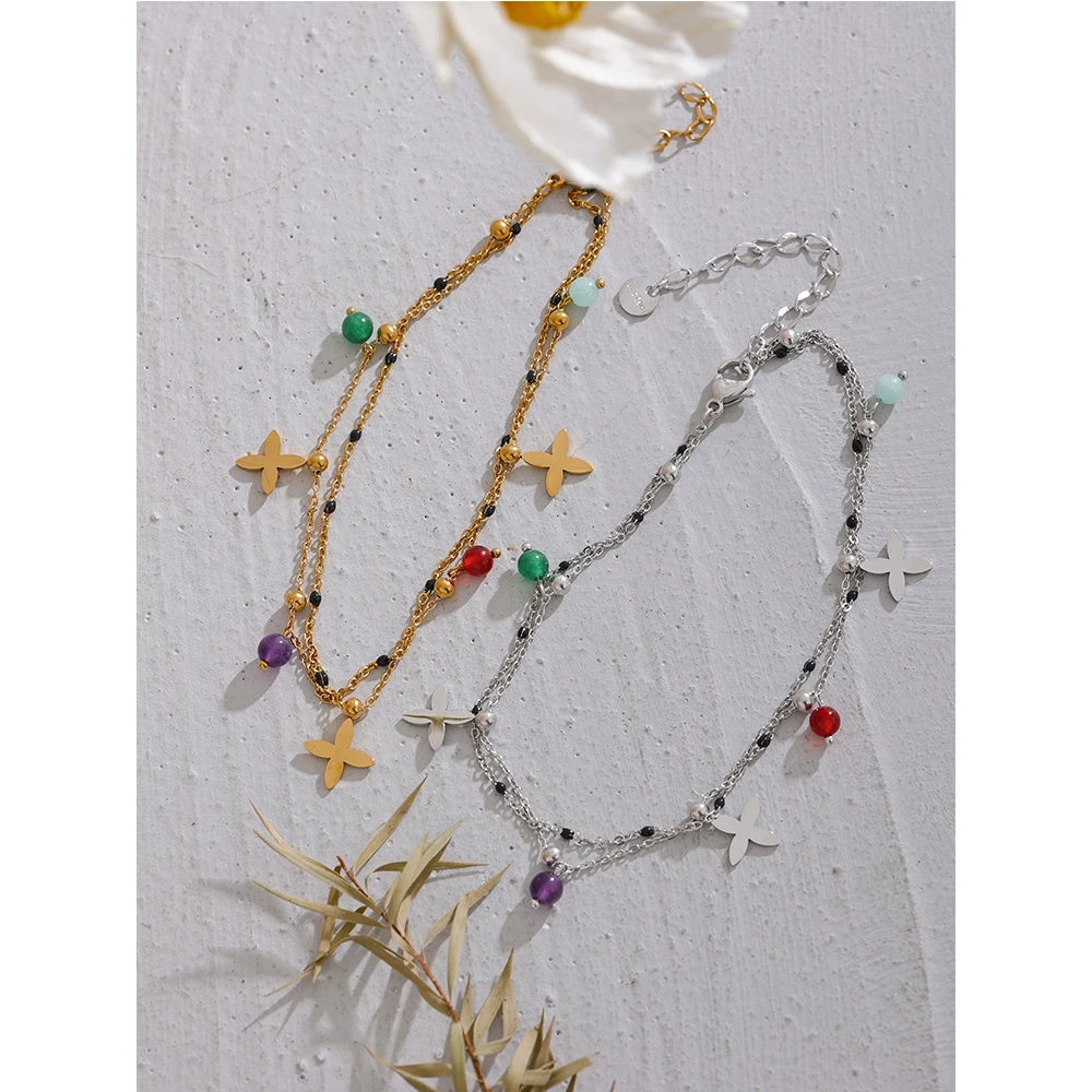 Anklet for Women Natural Stone Bead Flower Chain Stainless Steel ankle chains beads anklet fashion accessories
