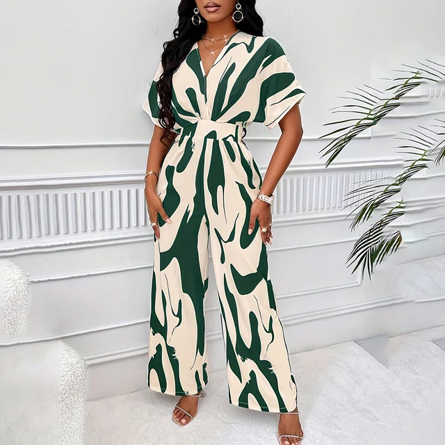 One Piece Suit Jumpsuit  For Women 2024 Summer High Waist Sexy Short Sleeve Playsuit Outfit Slim Fit Loose Wide Leg Long Pants 3