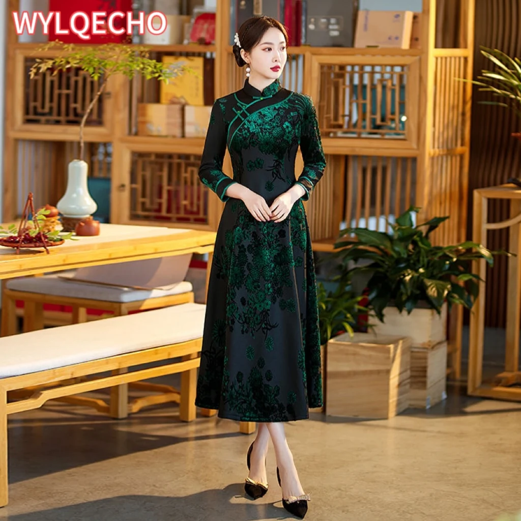 

Plus Size 4Xl Qipao Velour Cheongsam Elegant Chinese Style Dress Women New Year Qipaos Long Elegant Vestidos A-Line Cheongsam