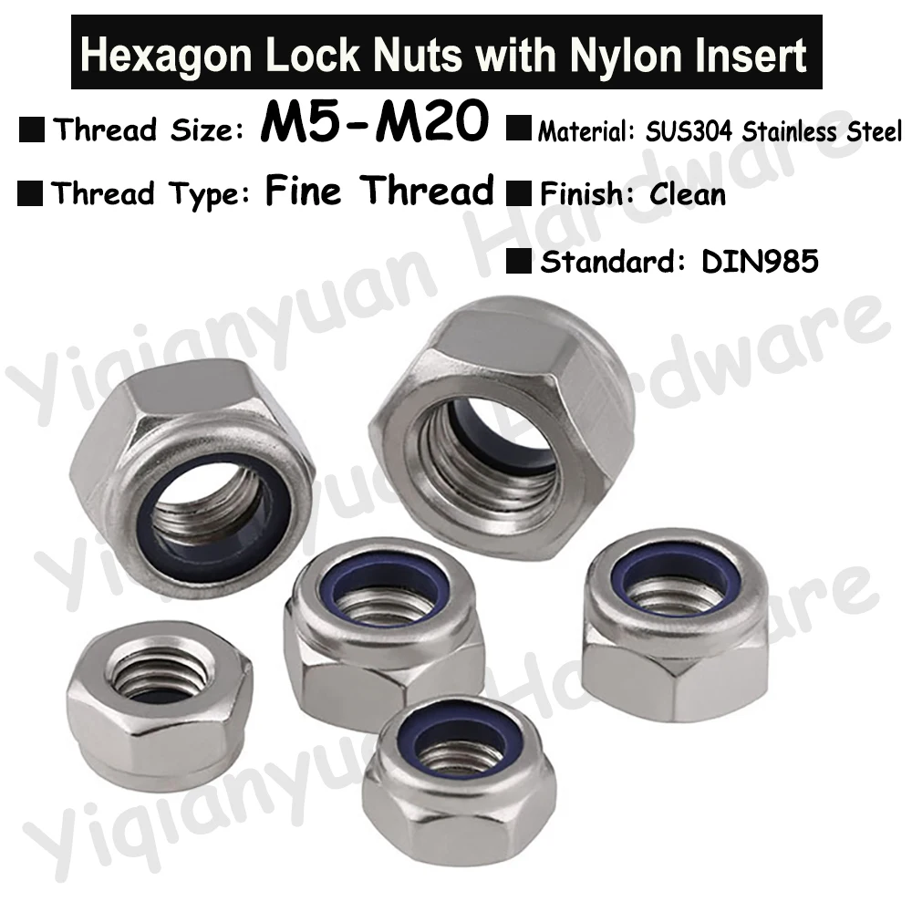 DIN985 M5 M6 M8 M10 M12 M14 M16 M18 M20 Fine Thread SUS304 Stainless Steel Hexagon Nylon Insert Lock Nuts Slip Nylon Hex Nuts