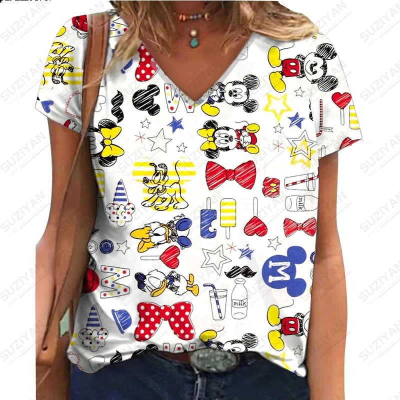 

2023 New Hot Selling Women's Short Sleeve V-Neck Short Sleeve Top 3D Printed Disney Summer Breathable and Comfortable Large Top