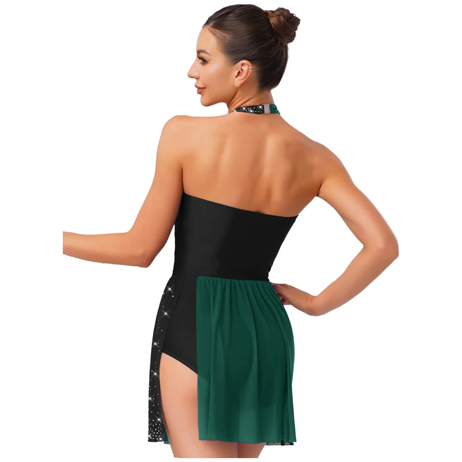 Damen Gymnastik Ballett Latein Lyrical Dance Kostüm Künstlerisches Eiskunstlauf Trikot Kleid Neckholder Strass Bodysuit Kleid – Detail 39