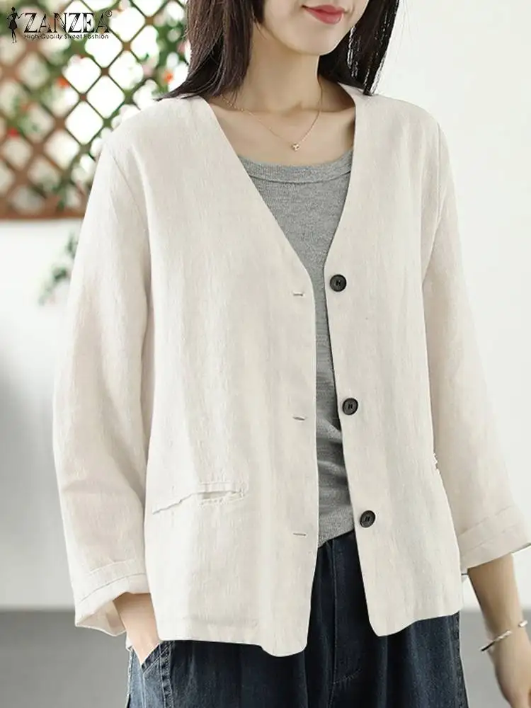 

Vintage Women Cotton Shirt 2024 ZANZEA Spring V Neck Long Sleeve Cardigan Casual Solid Work Blouse Female Buttons Down Blusas