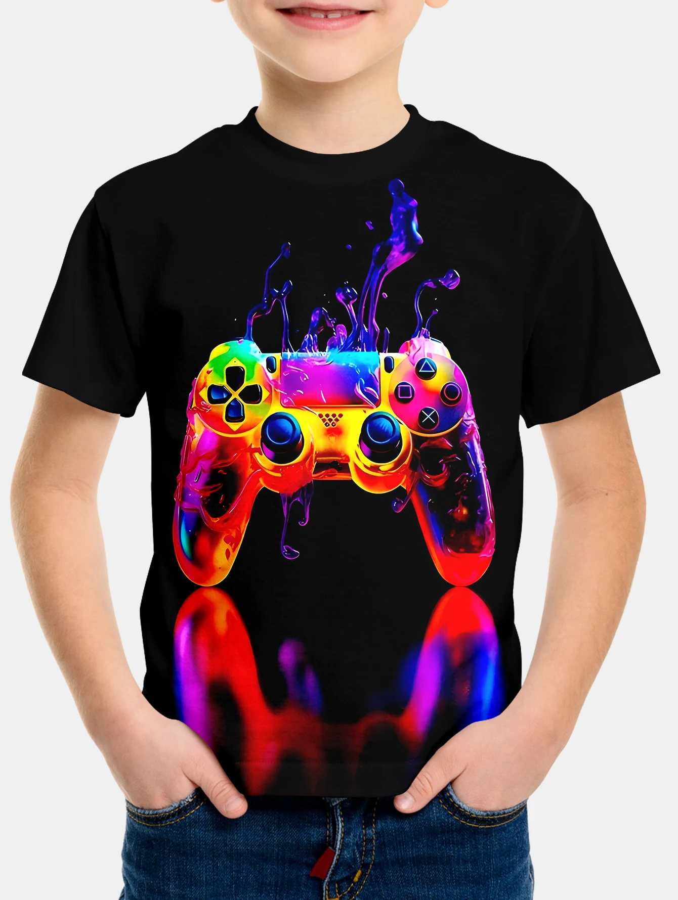 Boys'Color gaming console summer round neck short sleeved T-shirt, casual lightweight and comfortable top, 3D printed