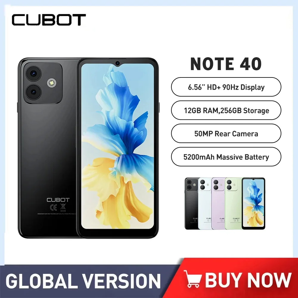 Cubot Note 40 Cheap 4G Smartphones Octa Core 12GB+256GB 6.56Inch HD 50MP 5200mAh Battery Android 13.0 Mobile Phone Face ID GPS