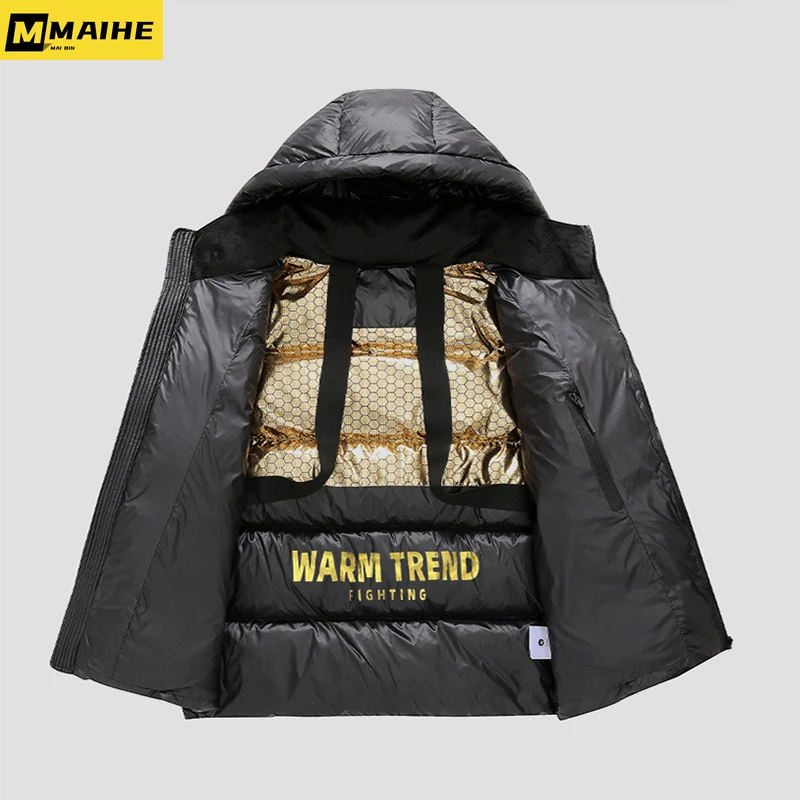 

New men's jacket Black gold high-end super thick down cotton short coat couple hooded warm parka casual outdoor winter ski wear