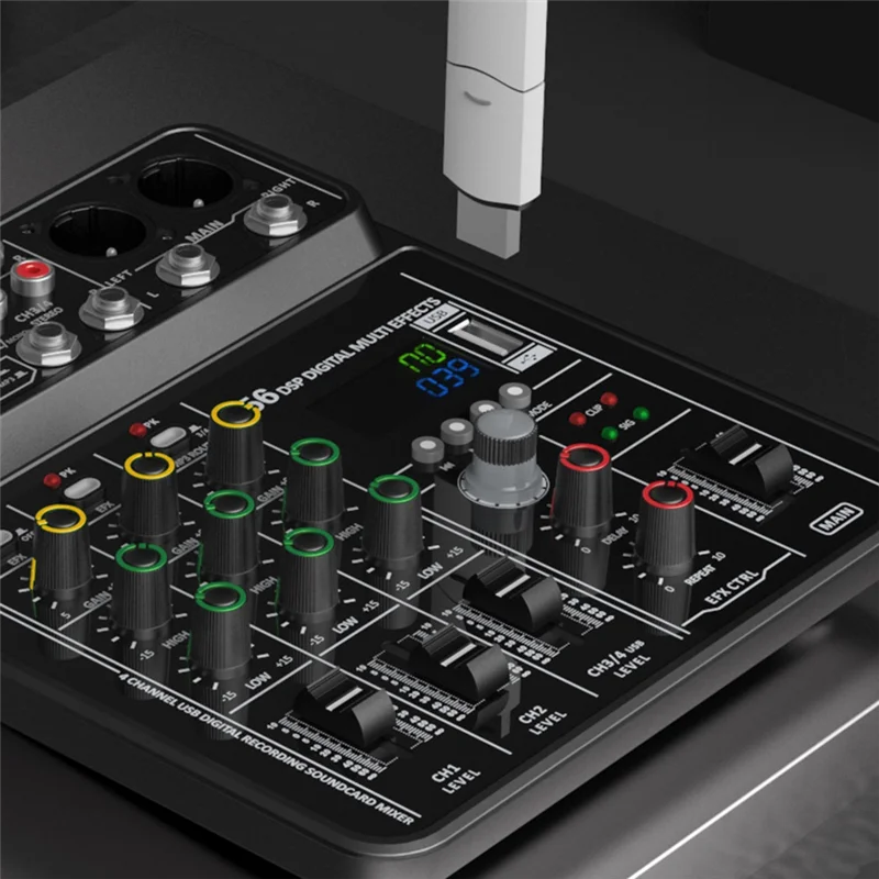 A32T-4 채널 오디오 믹서 DJ 콘솔 USB 스튜디오 사운드 믹서 48V 팬텀 파워 블루투스 (노래방용)