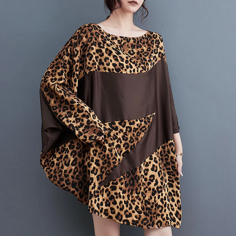 

#3298 Spliced Color Leopard T Shirt Women Batwing Sleeve Loose Vintage Irregular Dress Female Sexy Retro Mini Dress Femme Summer