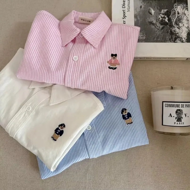 Children's Shirt Cartoon Boys' Girls' New Long Sleeve Blouses Shirts Korean Children's Clothing Spring Pink Blue White Blouse